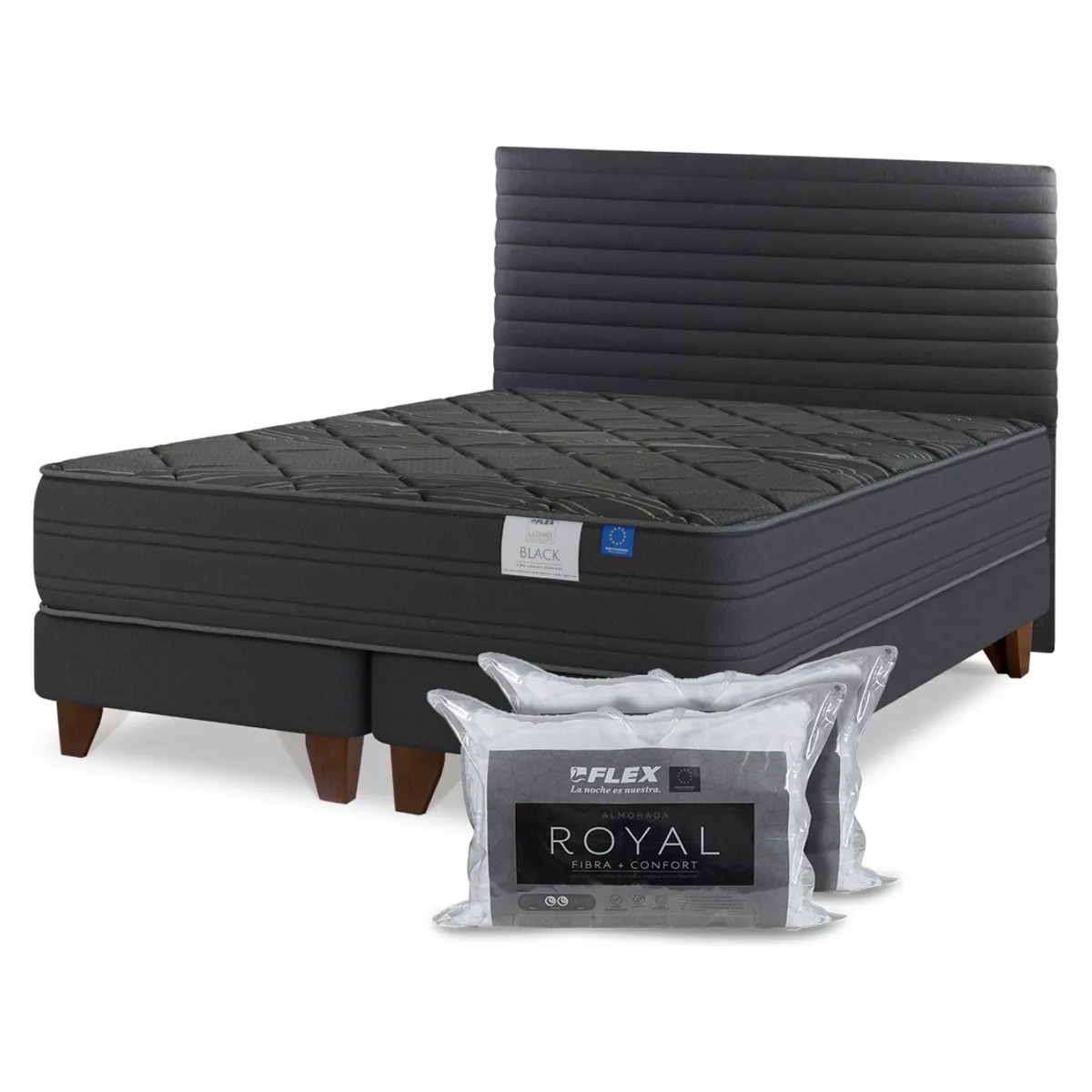 FLEX - Cama Europea Grafito Black 2 Plazas Bd + Respaldo + 2 Almohadas Flex