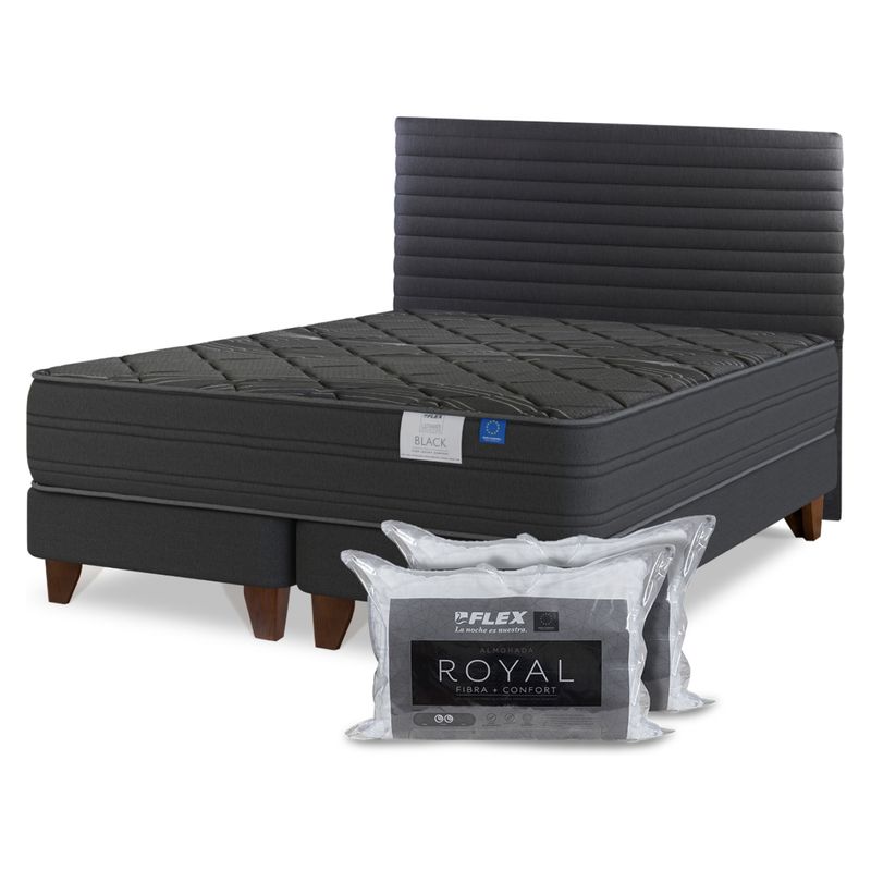 FLEX - Cama Europea Grafito Black 2 Plazas Bd + Respaldo + 2 Almohadas Flex