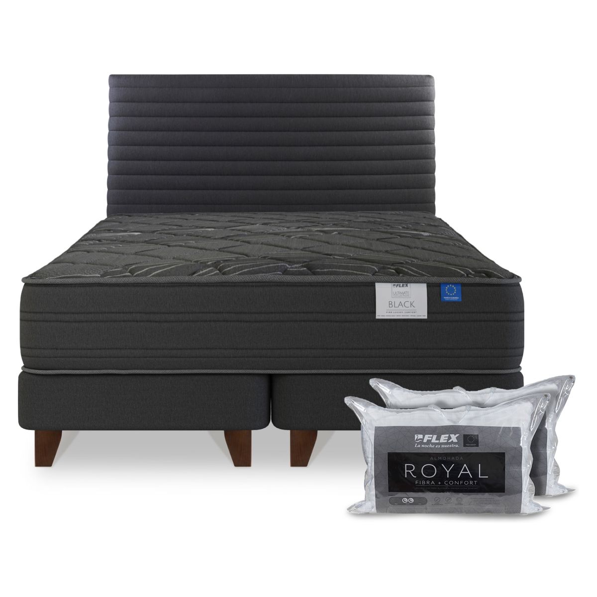 FLEX - Cama Europea Grafito Black 2 Plazas Bd + Respaldo + 2 Almohadas Flex