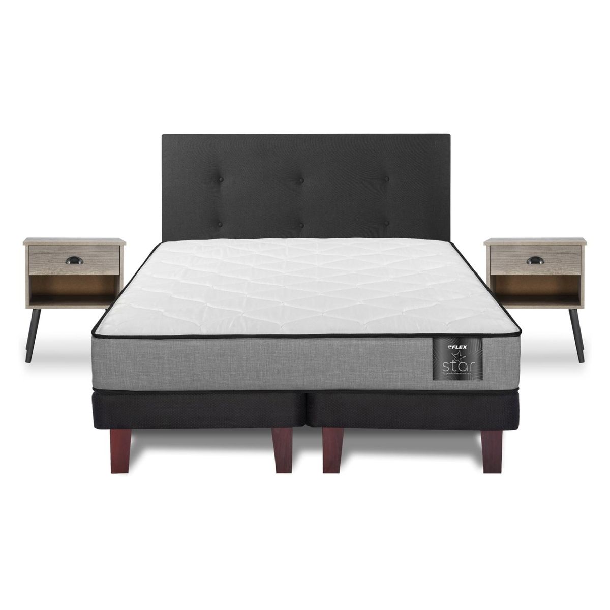 FLEX - Cama Europea Star 2 Plazas Base Dividida + Respaldo Royal Negro + Velador Rock Flex