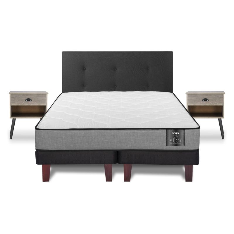FLEX - Cama Europea Star 2 Plazas Base Dividida + Respaldo Royal Negro + Velador Rock Flex