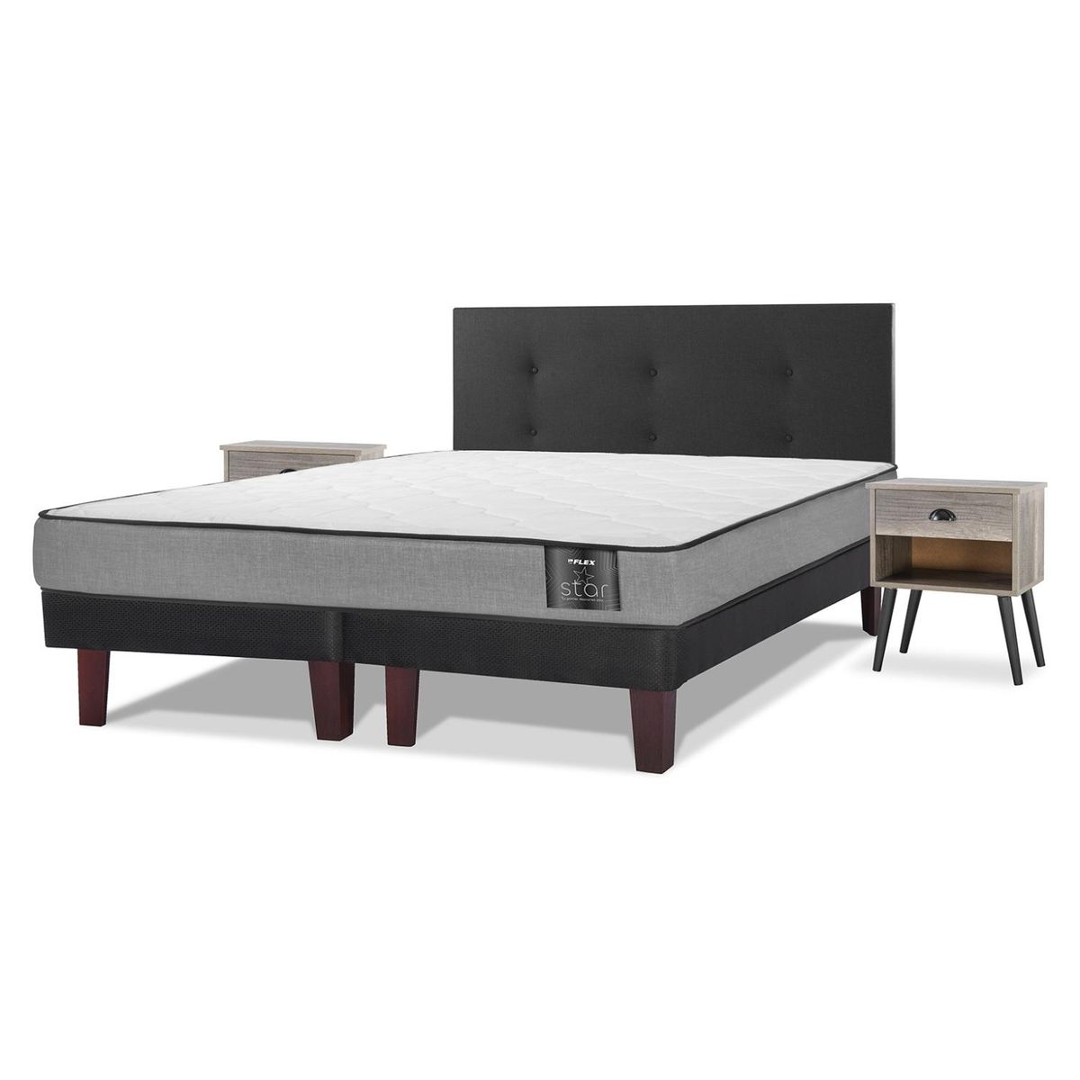 FLEX - Cama Europea Star 2 Plazas Base Dividida + Respaldo Royal Negro + Velador Rock Flex
