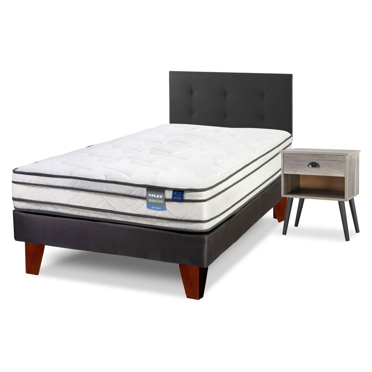 FLEX - Cama Europea Innova 1 .5 Plaza Box + Respaldo Flex + Velador Flex
