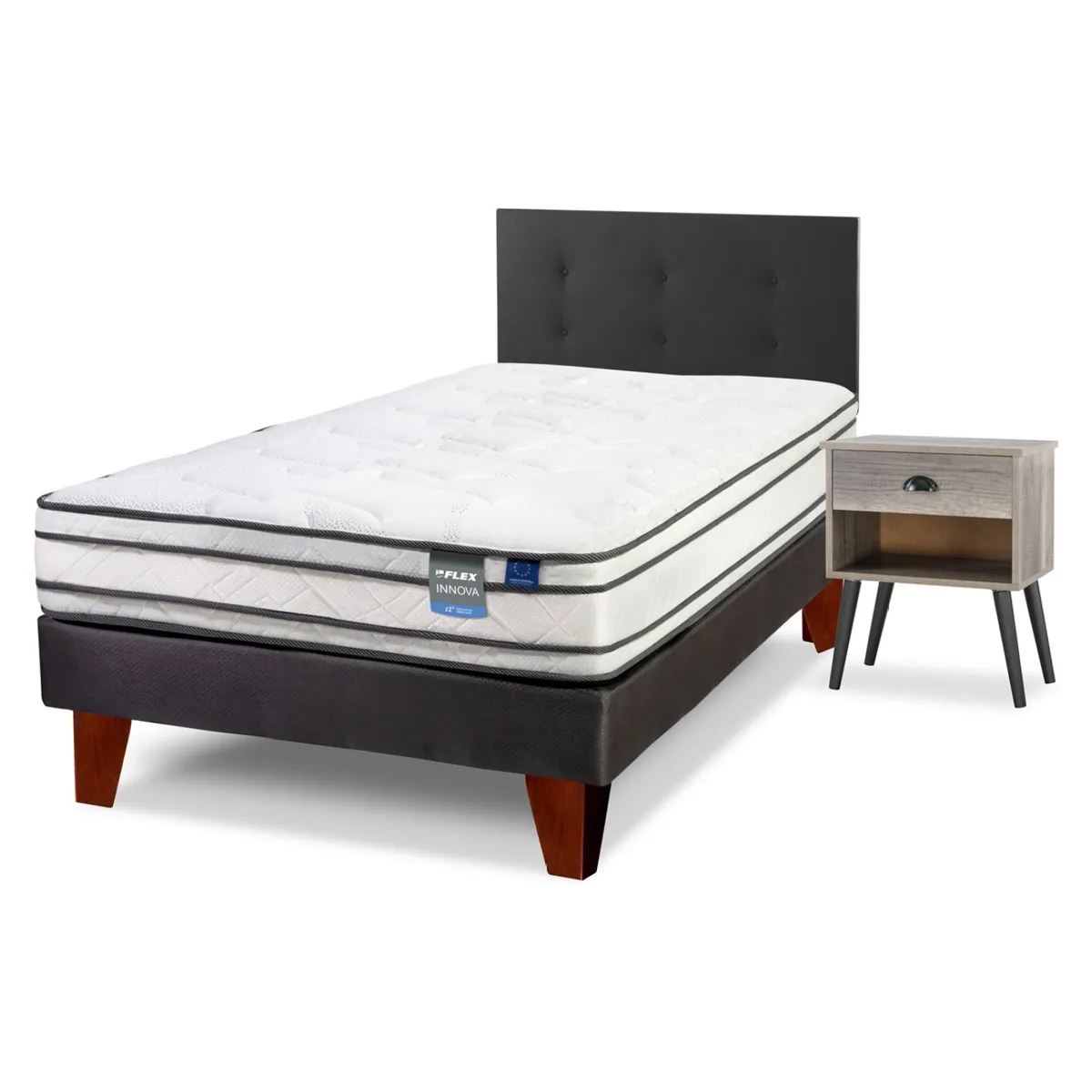 FLEX - Cama Europea Innova 1 .5 Plaza Box + Respaldo Flex + Velador Flex