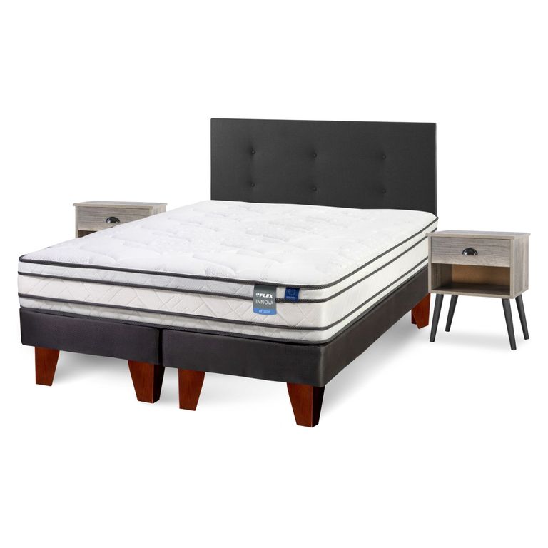 FLEX Cama Europea Innova 2 Plazas x 2.00mt Base Dividida + Respaldo + 2 Veladores