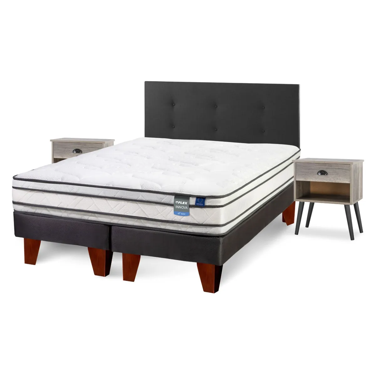 FLEX - Cama Europea Innova 2 Plazas x 2.00mt Base Dividida + Respaldo + 2 Veladores Flex