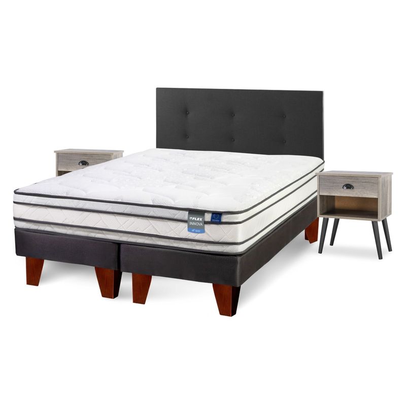 FLEX - Cama Europea Innova 2 Plazas Box Bd + Respaldo + Velador Flex