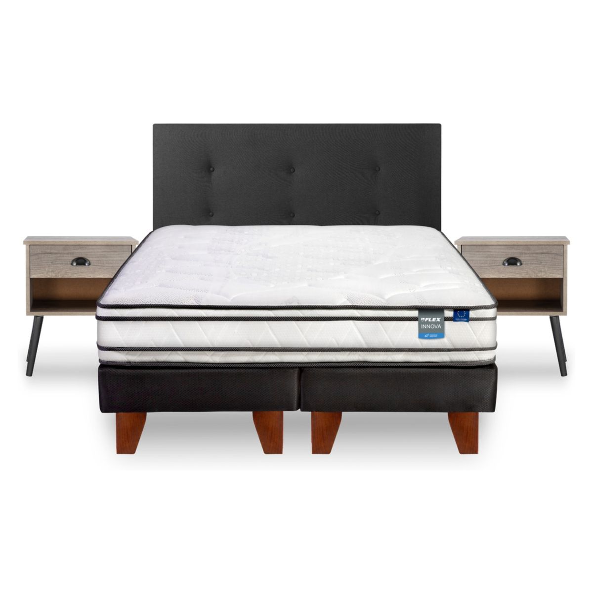 FLEX - Cama Europea Innova 2 Plazas x 2.00mt Base Dividida + Respaldo + 2 Veladores Flex