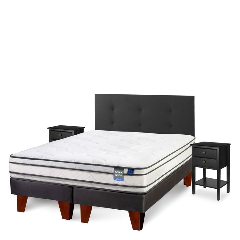 Cama Europea Innova 2 Plazas x 2.00mt Base Dividida + Respaldo + 2 Veladores Royal Rock