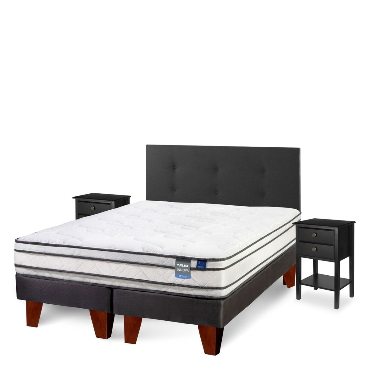 FLEX - Cama Europea Innova 2 Plazas Box Bd + Respaldo + 2 Veladores Flex