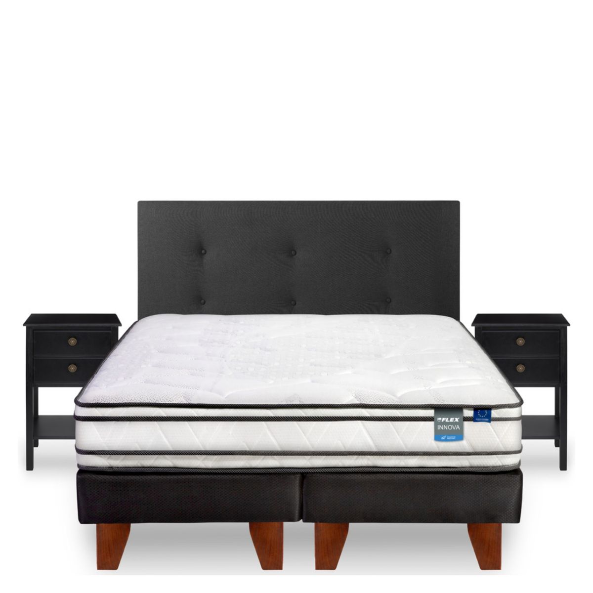 FLEX - Cama Europea Innova 2 Plazas Box Bd + Respaldo + 2 Veladores Flex
