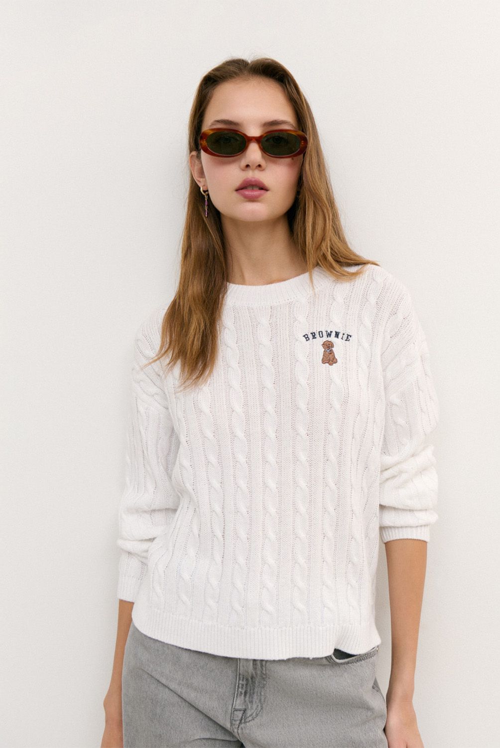 BROWNIE - Sweater Trenzado Perro Bordado Mujer Brownie
