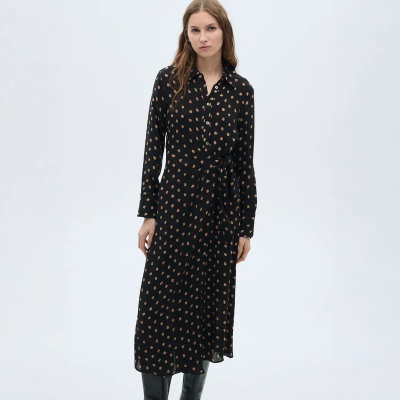 MANGO - Vestido Camisero Topos Detalle Nudo Mujer Mango