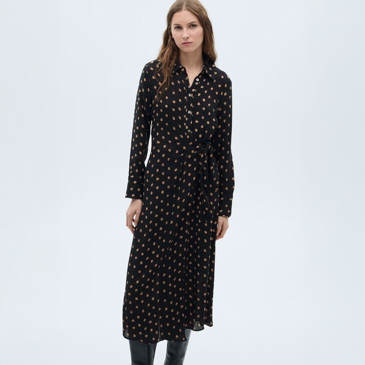 MANGO - Vestido Camisero Topos Detalle Nudo Mujer Mango