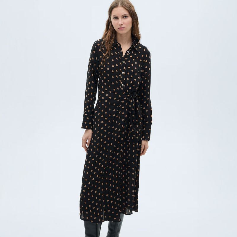 MANGO - Vestido Camisero Topos Detalle Nudo Mujer Mango