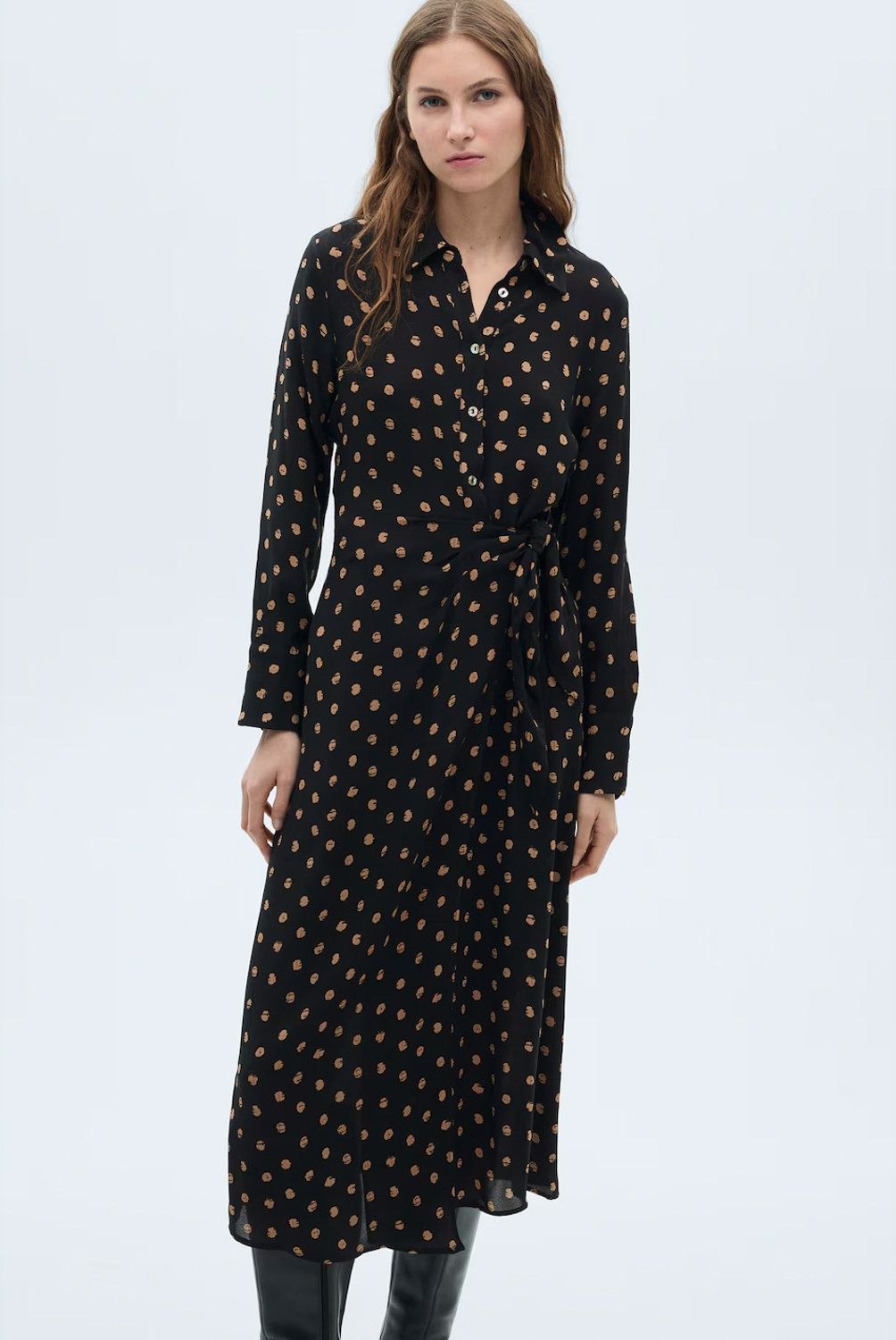 MANGO - Vestido Camisero Topos Detalle Nudo Mujer Mango