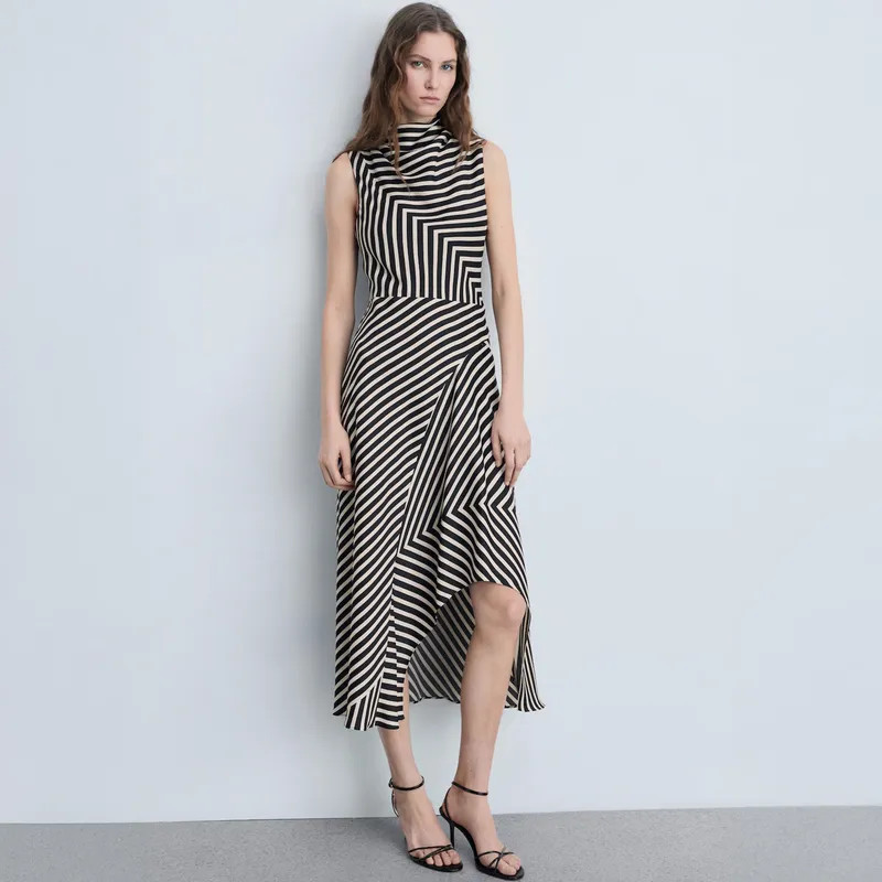 MANGO - Vestido Asimétrico Estampado Rayas Mujer Mango