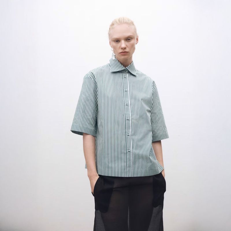 MANGO - Camisa Rayas Manga Corta Algodón Mujer Mango