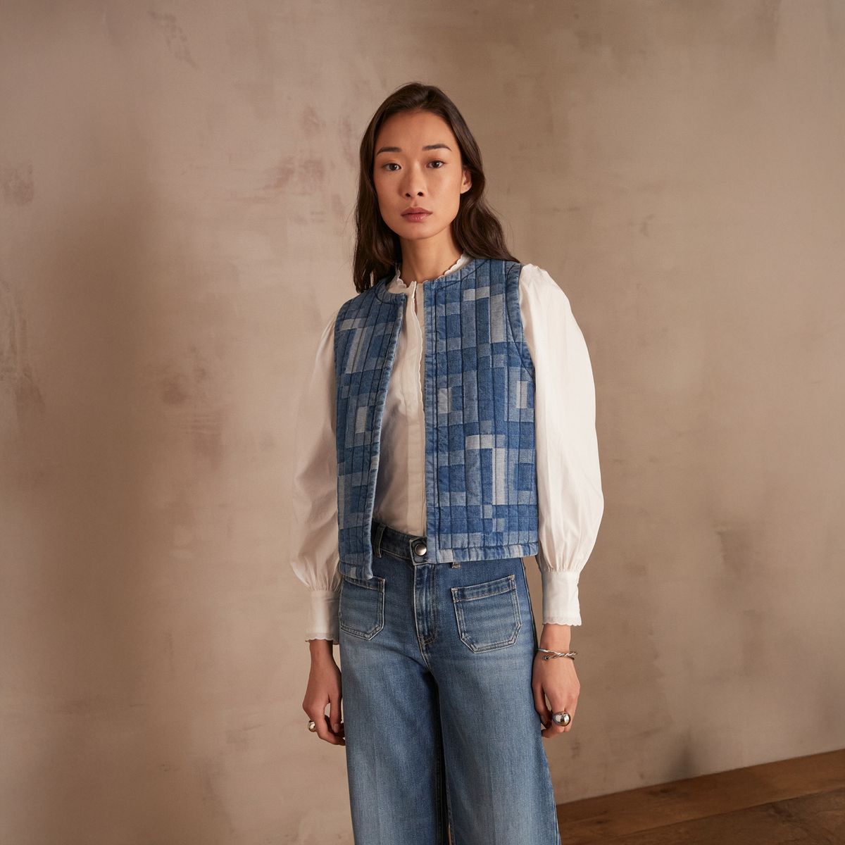 MAISON 123 - Vest Abierto Cuadros Denim Mujer 123