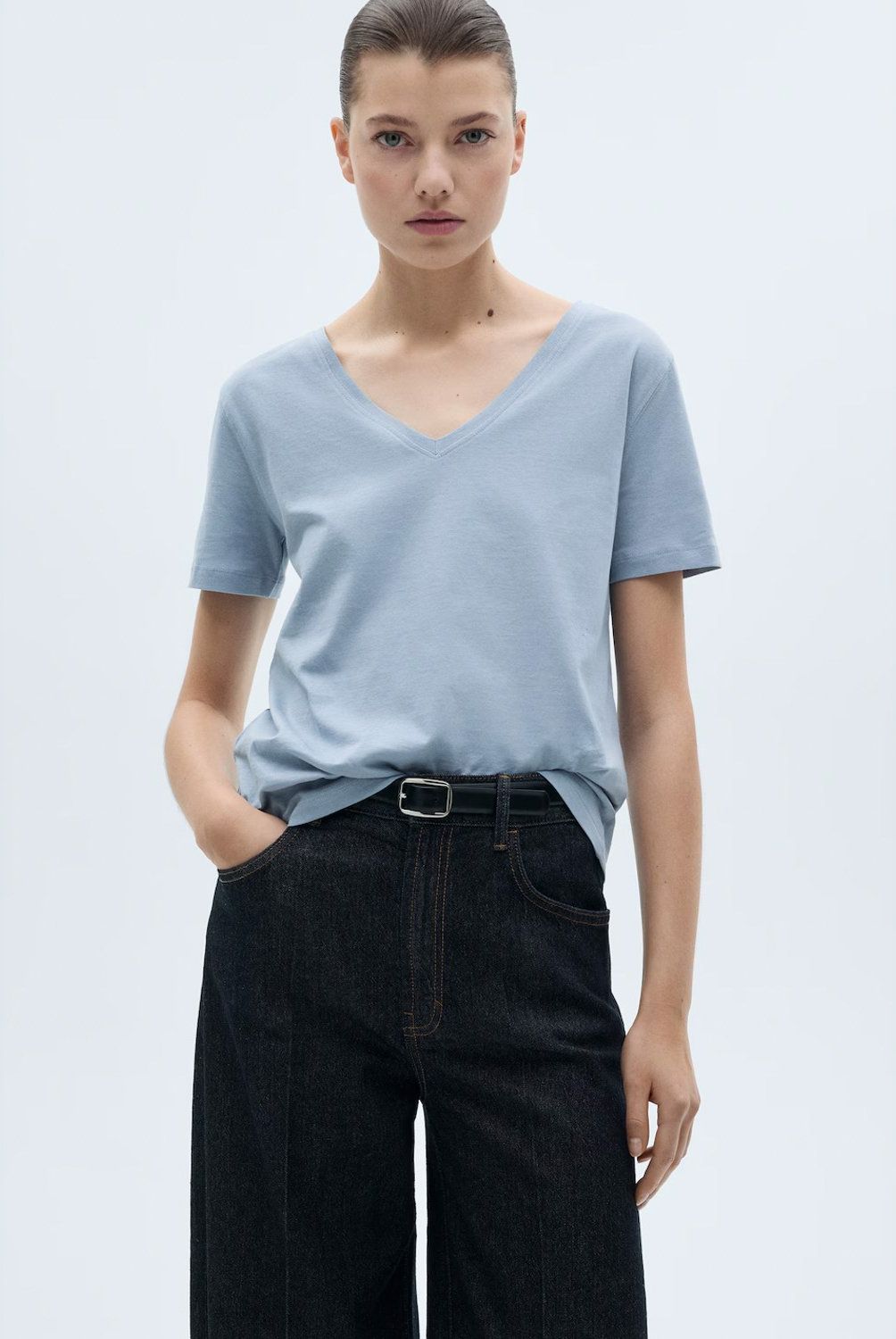 MANGO - Polera Algodón Cuello Pico Algodón Mujer Mango
