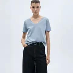 MANGO - Polera Algodón Cuello Pico Algodón Mujer