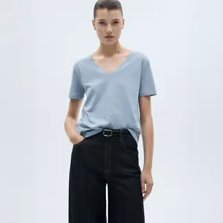 MANGO - Polera Algodón Cuello Pico Algodón Mujer