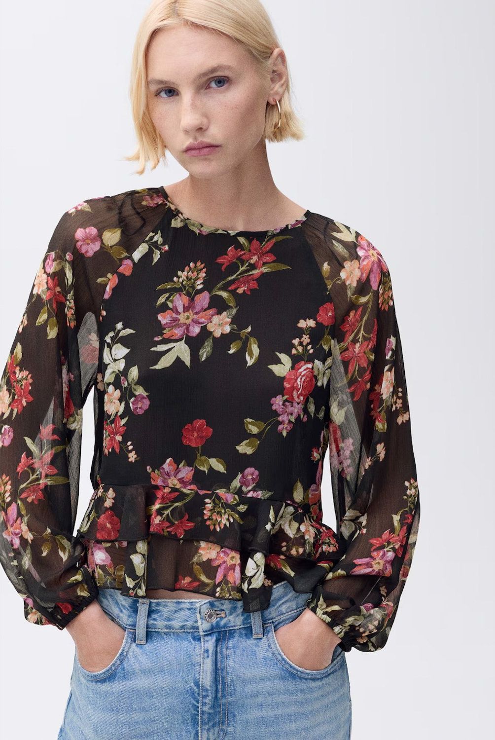 MANGO - Blusa Floral Volantes Mujer Mango