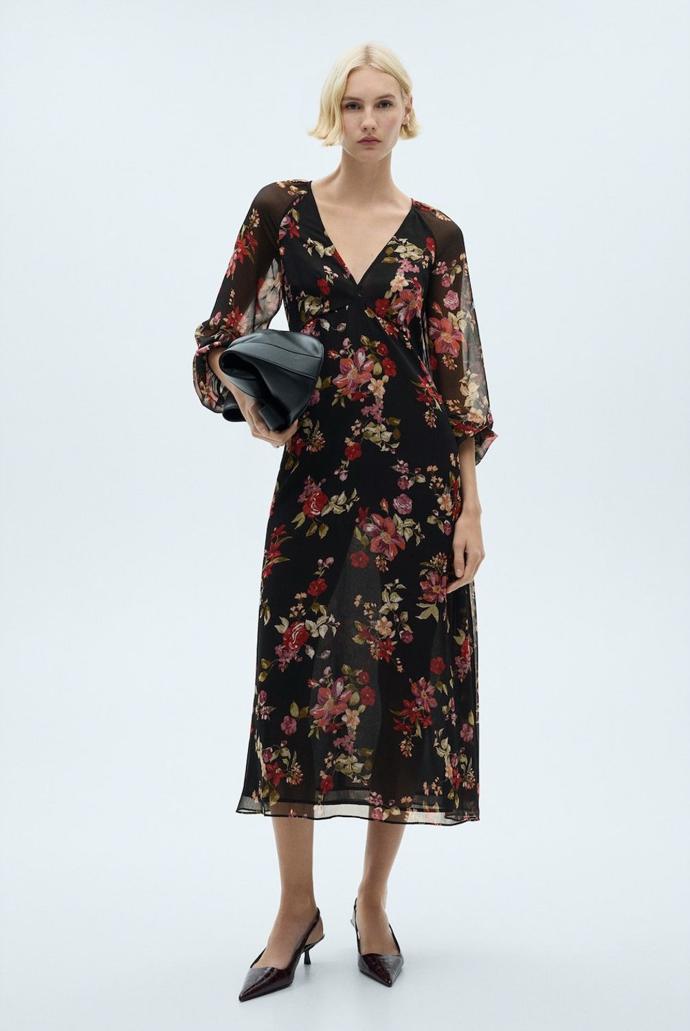 MANGO - Vestido Floral Manga Abullonada Mujer Mango