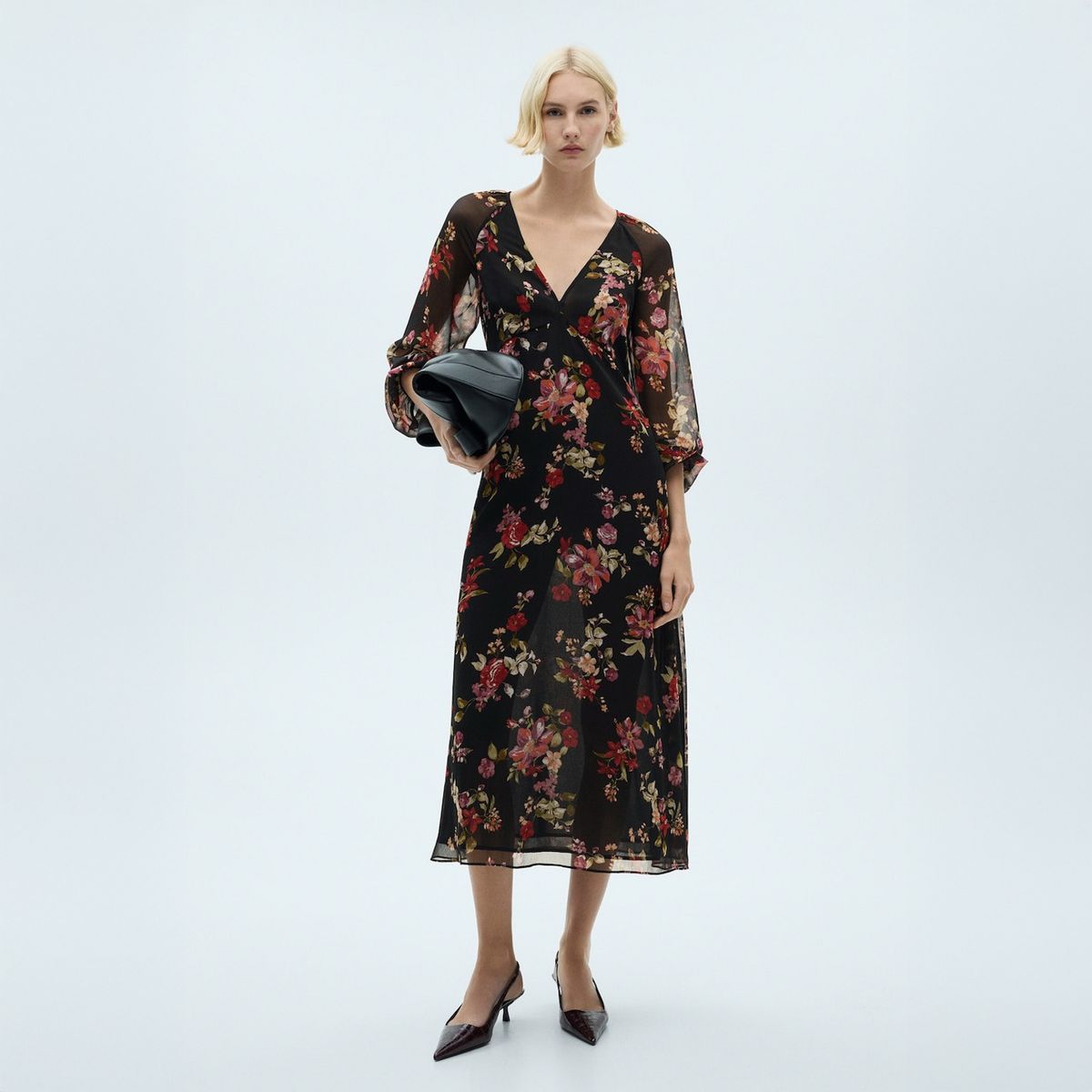 MANGO - Vestido Floral Manga Abullonada Mujer Mango