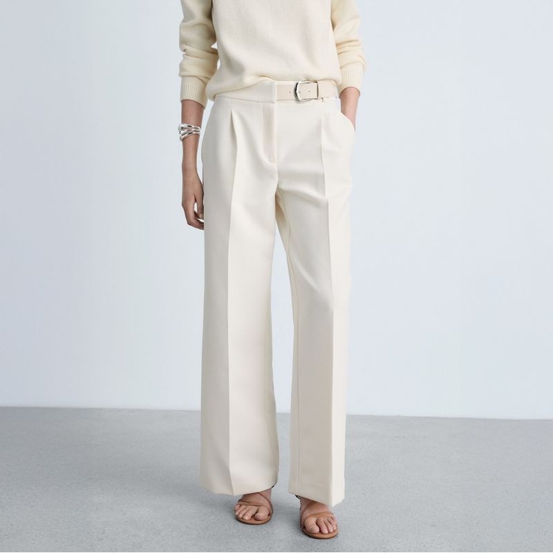 MANGO - Pantalón Recto Cinturón Mujer Mango