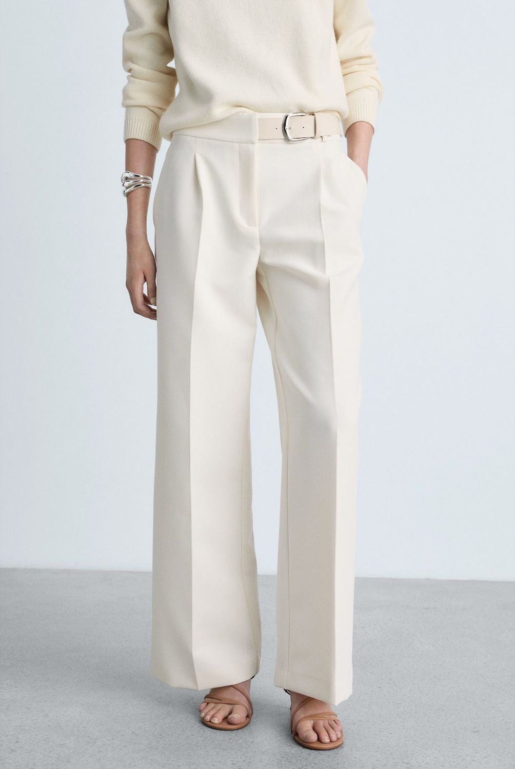 MANGO - Pantalón Recto Cinturón Mujer Mango