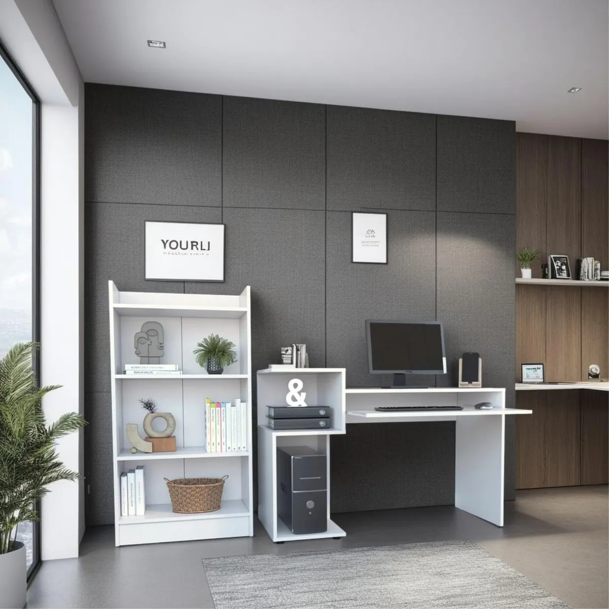 TUHOME - Set Oficina Escritorio Recto + Biblioteca 3 Niveles  Blanco Tuhome