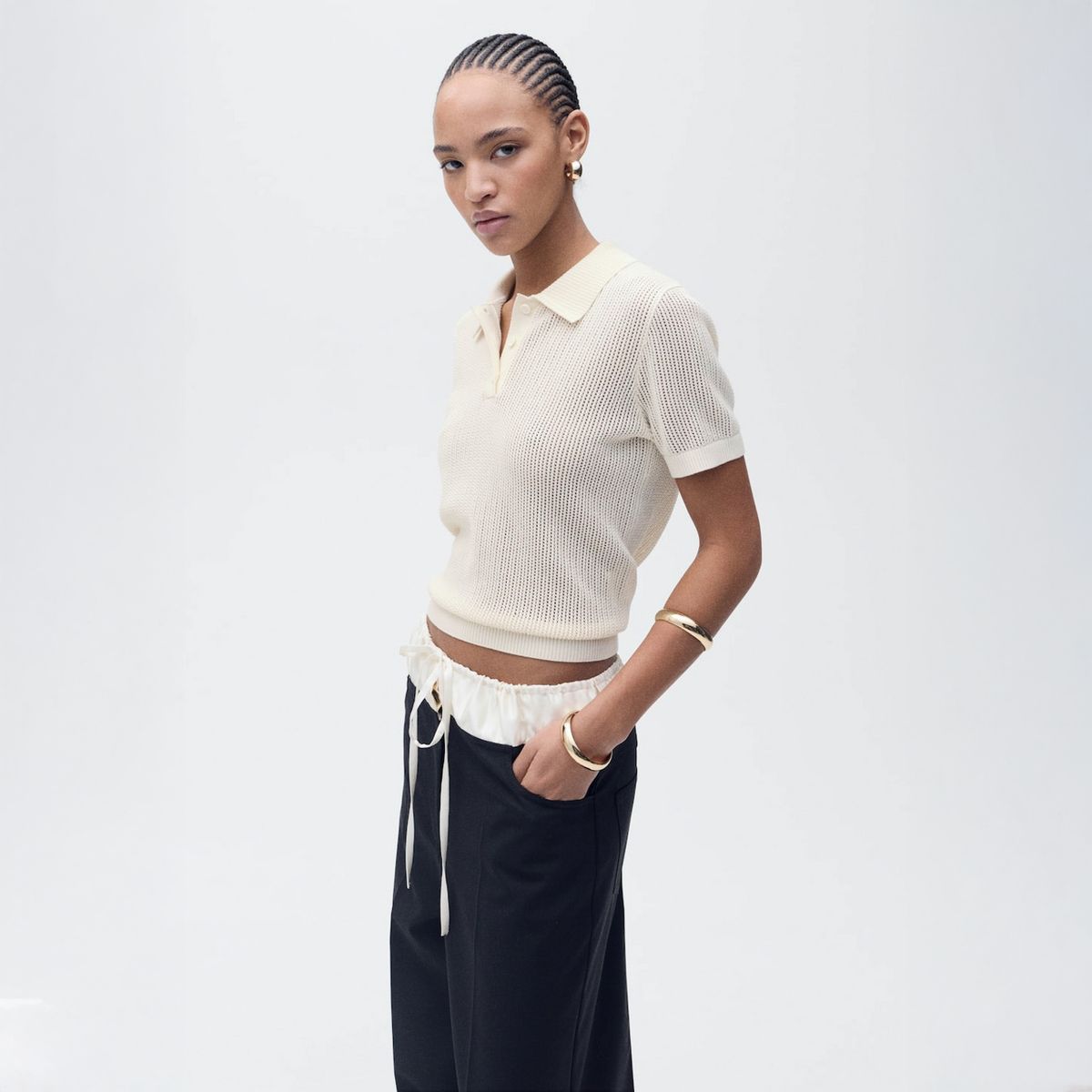 MANGO - Sweater Punto Calado Cuello Polo Mujer Mango