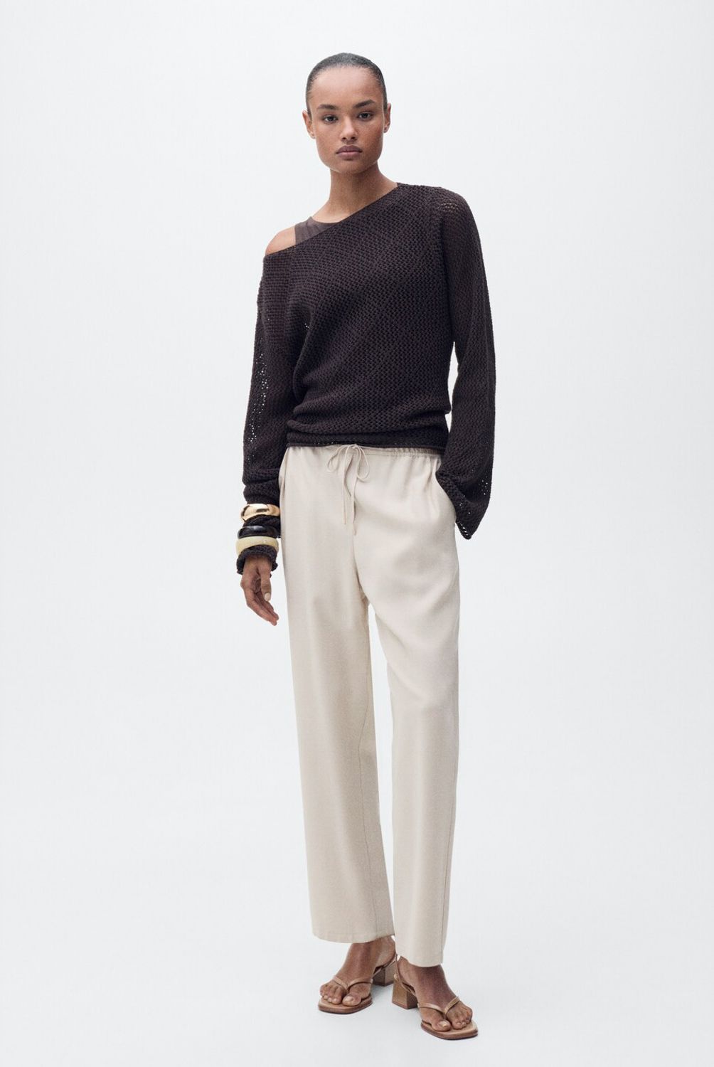 MANGO - Pantalón Fluido Cintura Elástica Mujer Mango