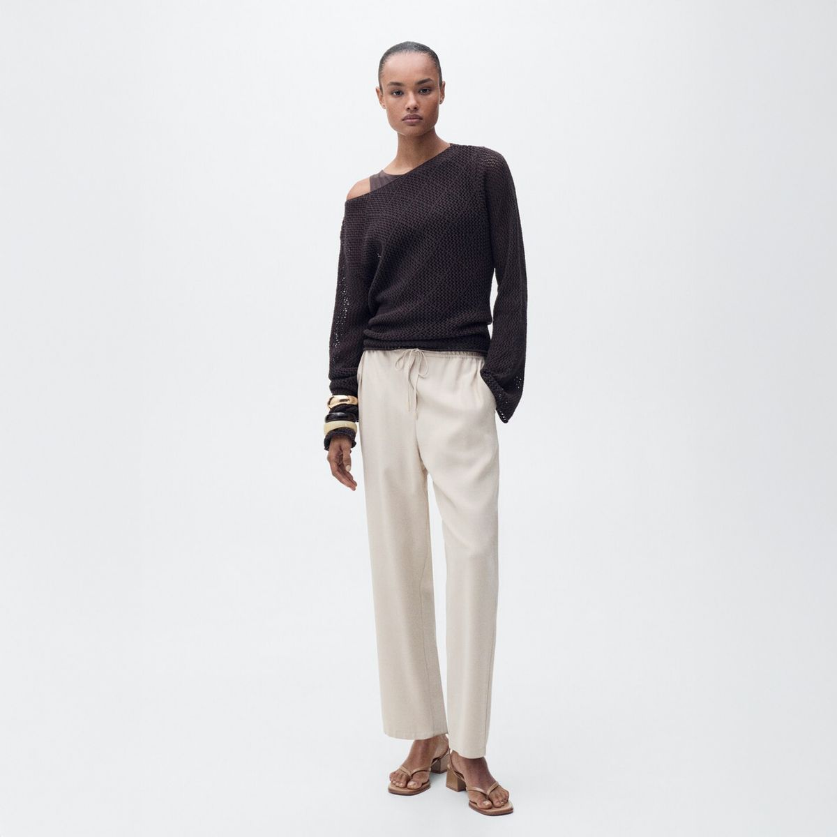 MANGO - Pantalón Fluido Cintura Elástica Mujer Mango