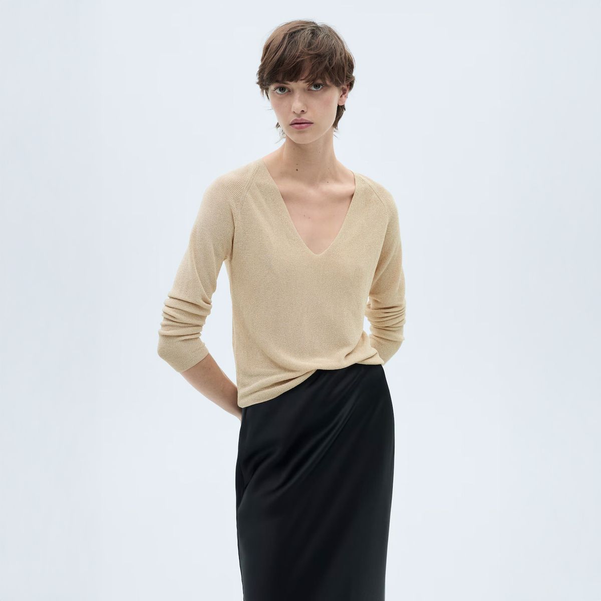 MANGO - Sweater Lúrex Cuello Pico Mujer Mango