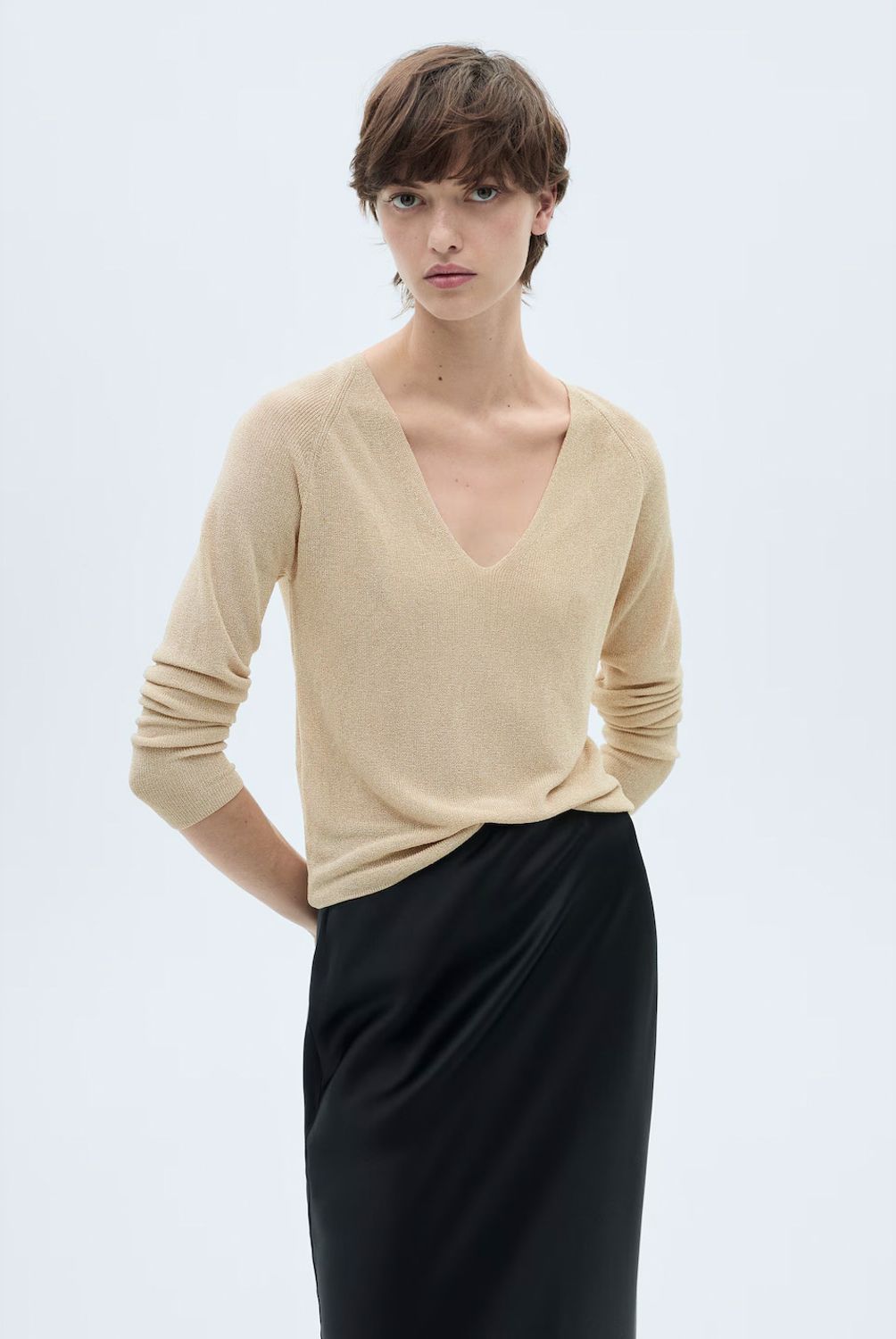 MANGO - Sweater Lúrex Cuello Pico Mujer Mango