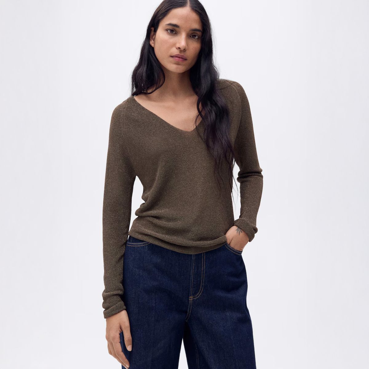 MANGO - Sweater Lúrex Cuello Pico Mujer Mango