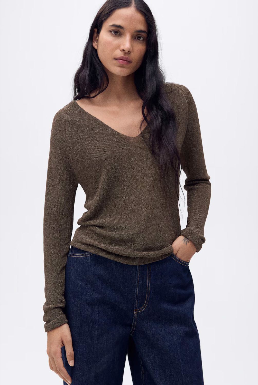 MANGO - Sweater Lúrex Cuello Pico Mujer Mango