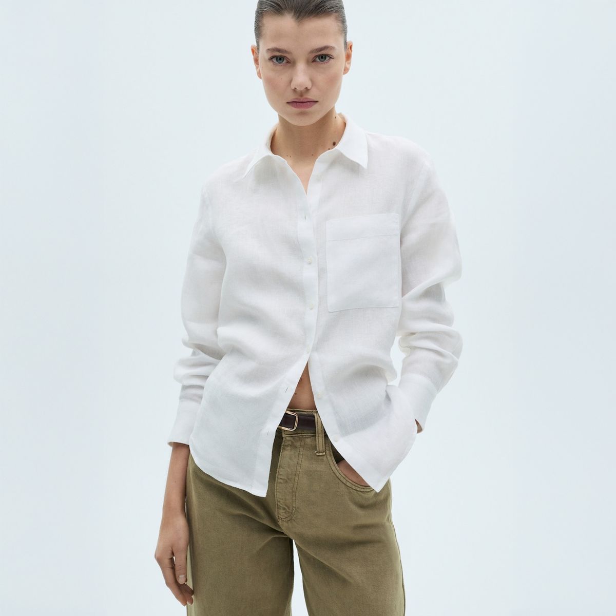 MANGO - Blusa Lino Bolsillo Mujer Mango