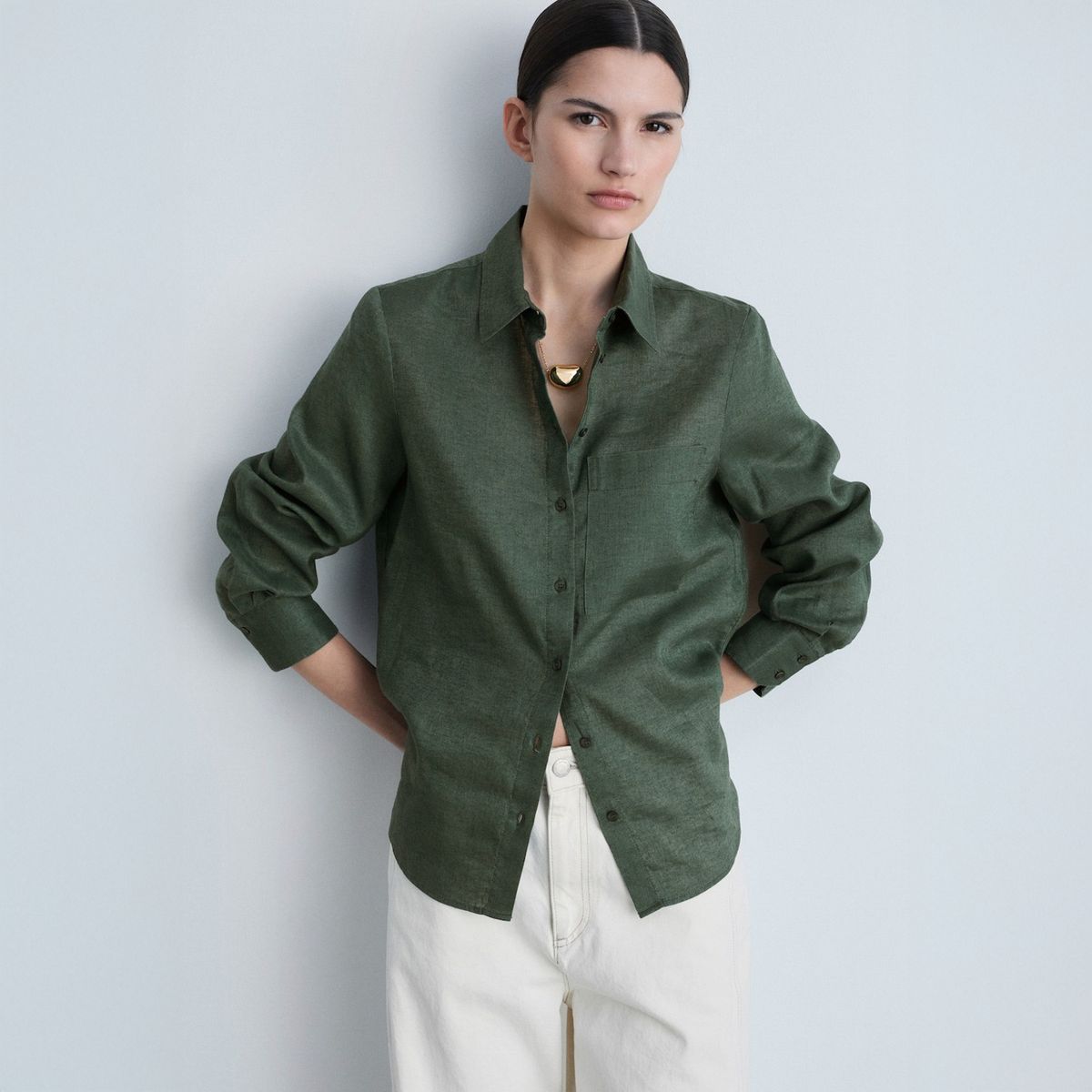 MANGO - Blusa Lino Bolsillo Mujer Mango