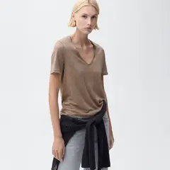 MANGO - Polera Lino Cuello Pico Mujer