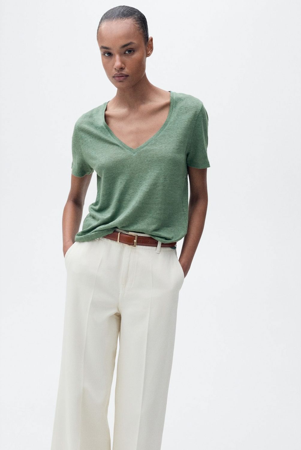 MANGO - Polera Lino Cuello Pico Mujer Mango