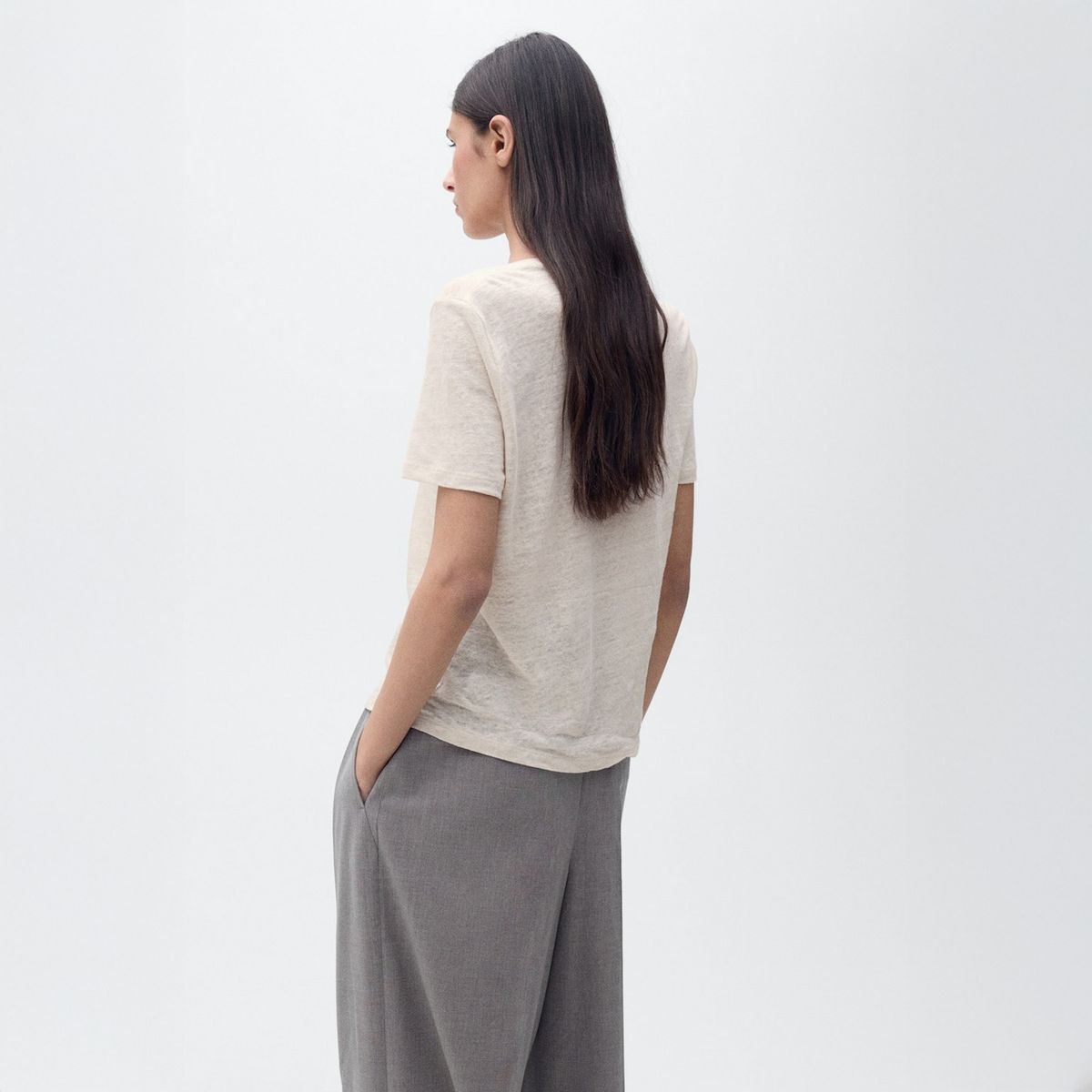 MANGO - Polera Lino Cuello Pico Mujer Mango