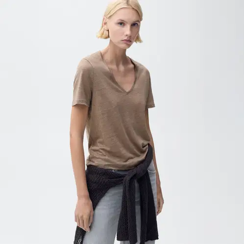 MANGO - Polera Lino Cuello Pico Mujer