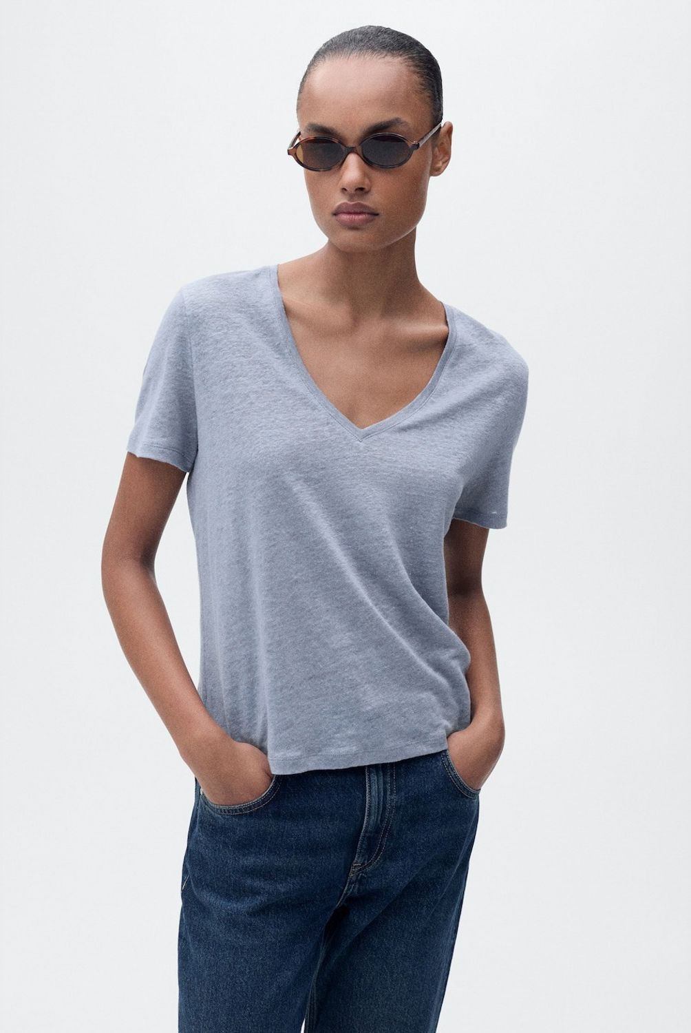 MANGO - Polera Lino Cuello Pico Mujer Mango