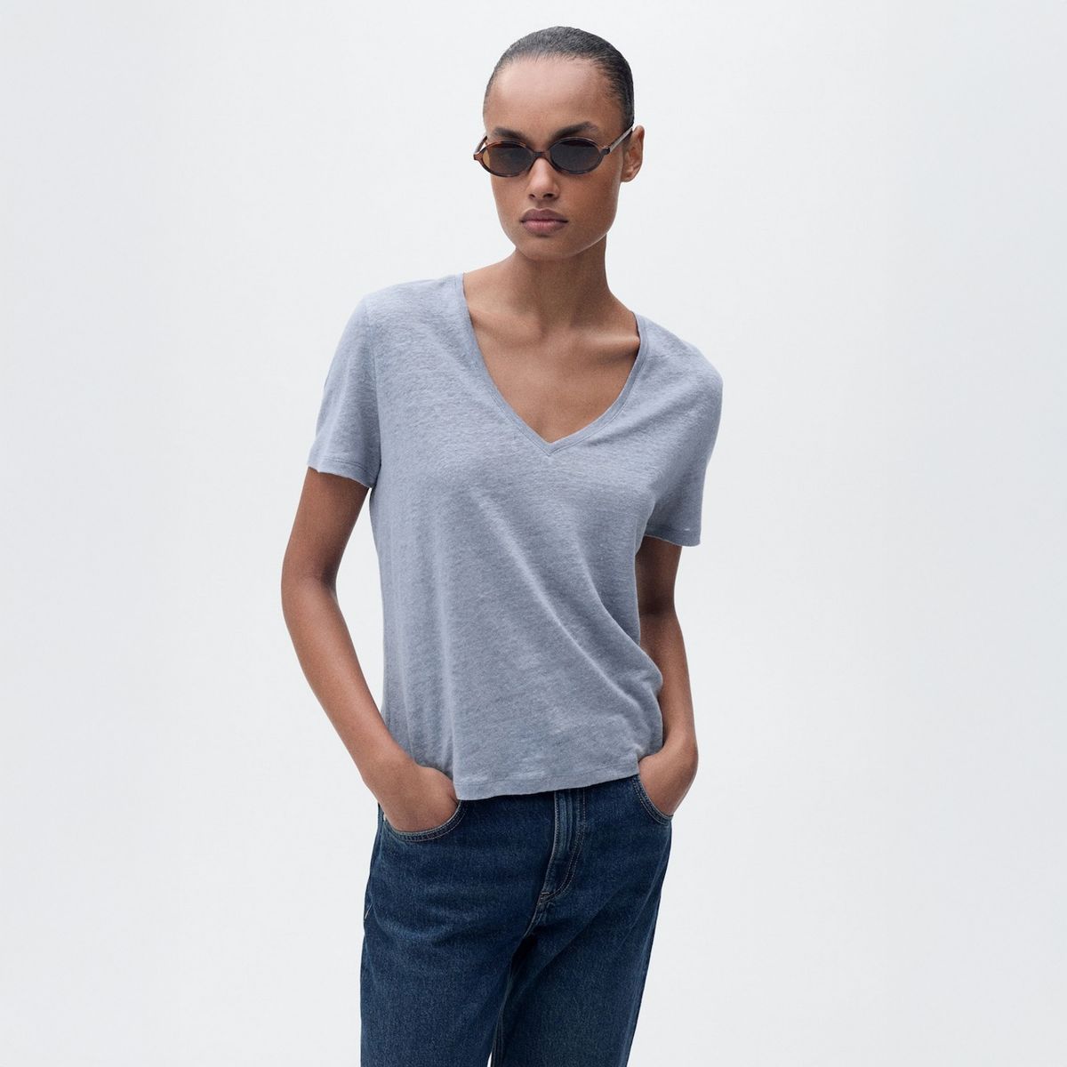 MANGO - Polera Lino Cuello Pico Mujer Mango