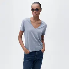 MANGO - Polera Lino Cuello Pico Mujer
