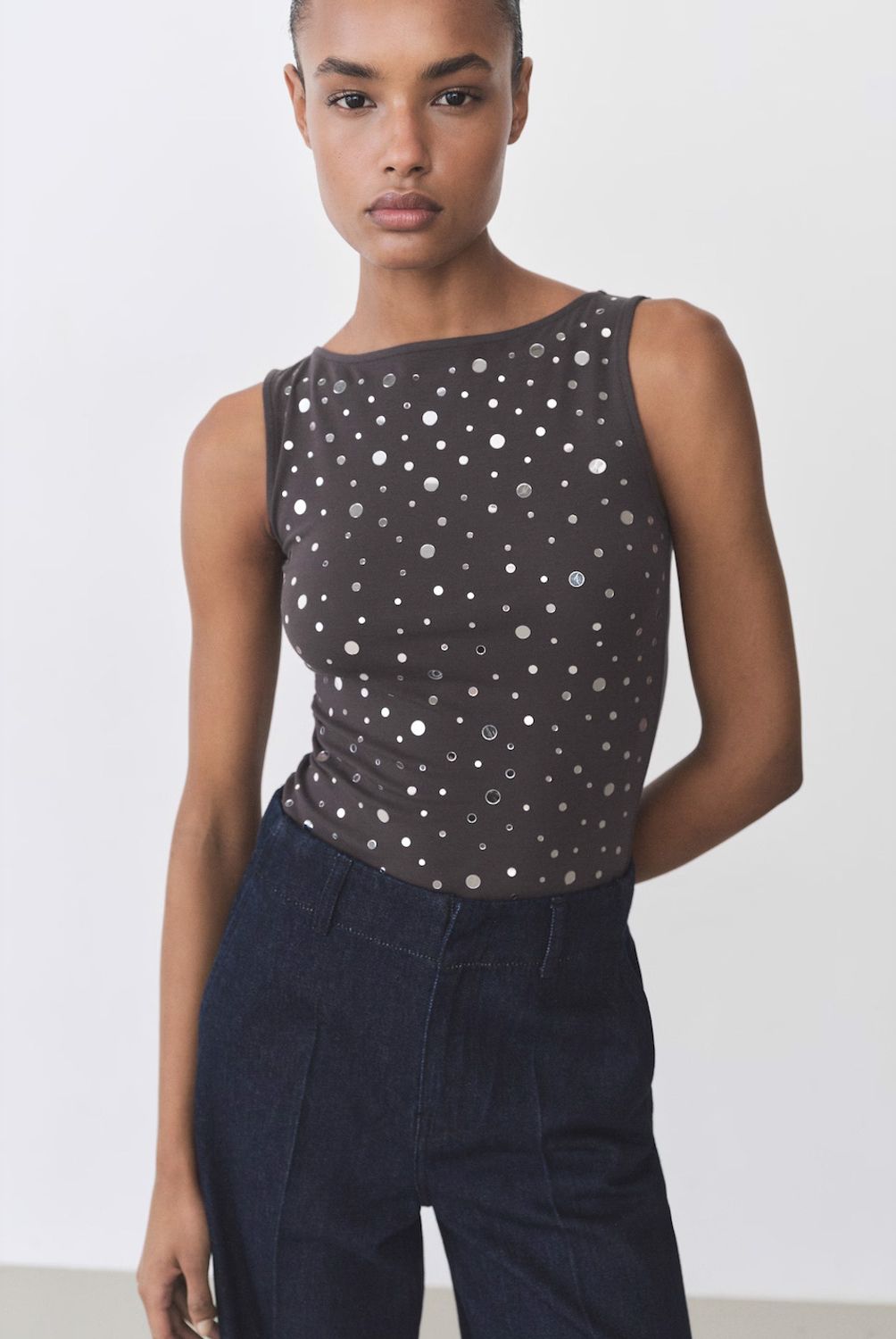 MANGO - Top Algodón Detalle Lentejuelas Mujer Mango