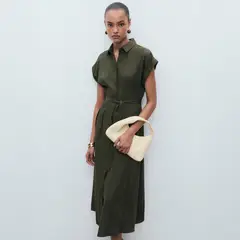 MANGO - Vestido Camisero Cinturón Mezcla Lino Y Lyocell Mujer